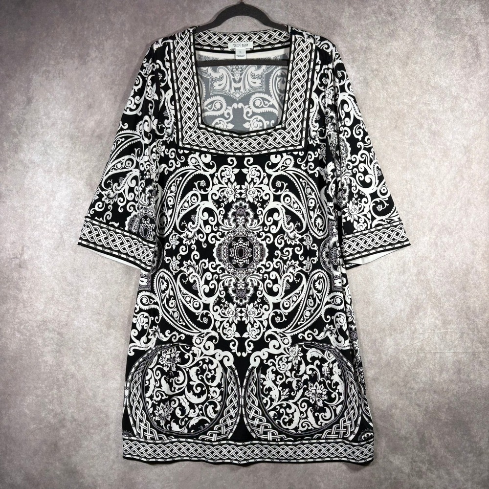 White House Black Market Dress Womens XL Black White‎ Paisley Shift Boho Artsy